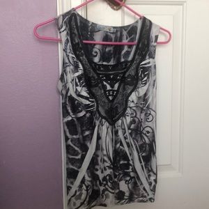 Black, Gray and Blue Satin Blouse with Lace